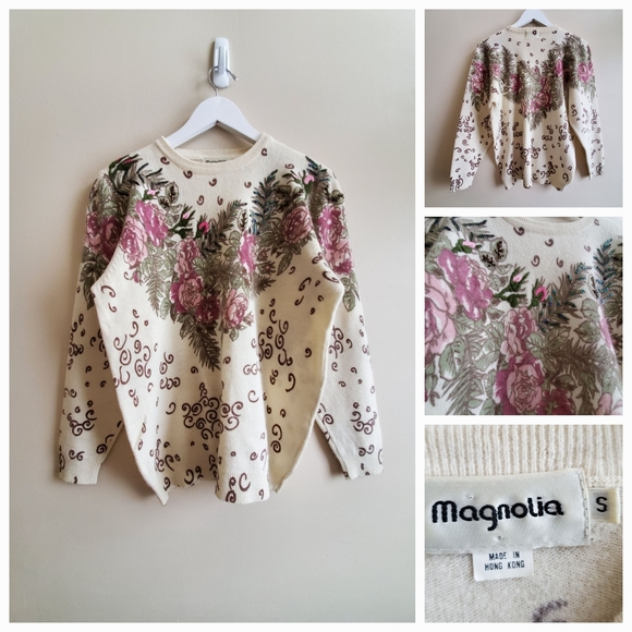 Vintage Magnolia beautiful tatto like pattern print sweater S - Picture 1 of 5